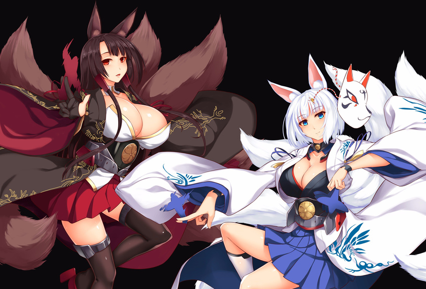 absurdres akagi_(azur_lane) animal_ears azur_lane bangs black_hair blue_eyes blunt_bangs blush breasts cleavage closed_mouth commentary_request cowboy_shot fox_ears fox_mask fox_tail hakama_skirt highres japanese_clothes kaga_(azur_lane) large_breasts long_hair long_sleeves looking_at_viewer mask multiple_girls multiple_tails ouma_tokiichi parted_lips red_eyes shikigami short_hair silver_hair smile tail wide_sleeves