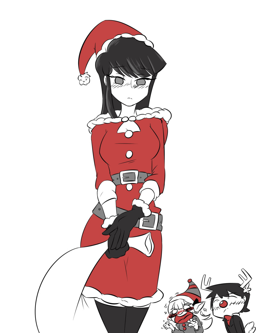 1boy 2girls absurdres animal_costume black_hair blush christmas costume grey_eyes highres komi-san_wa_komyushou_desu komi_shouko long_hair looking_at_viewer multiple_girls santa_costume short_hair tadano_hitohito theupbringer white_background yamai_ren