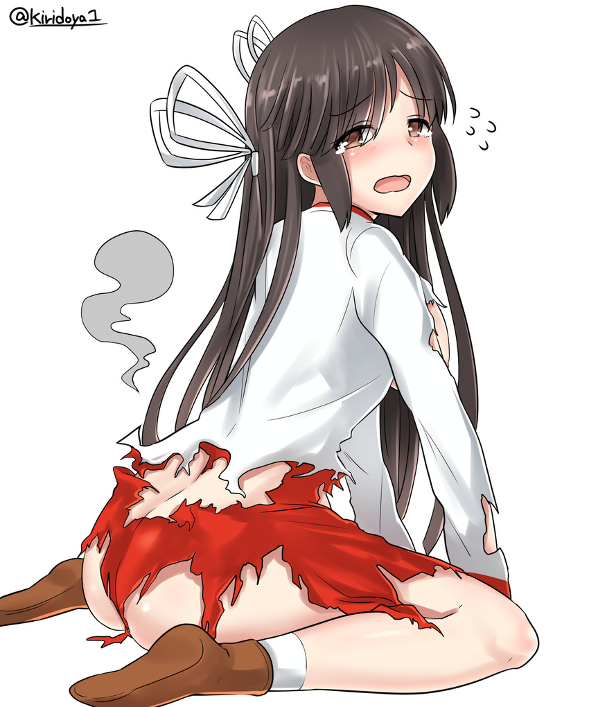 absurdres ass black_hair blouse brown_eyes brown_footwear dress_shirt hair_ribbon highres hiyou_(kantai_collection) kantai_collection kiritto long_hair long_sleeves open_mouth red_shirt ribbon shirt shoes simple_background solo torn_blouse torn_clothes torn_shirt twitter_username white_background white_blouse white_ribbon