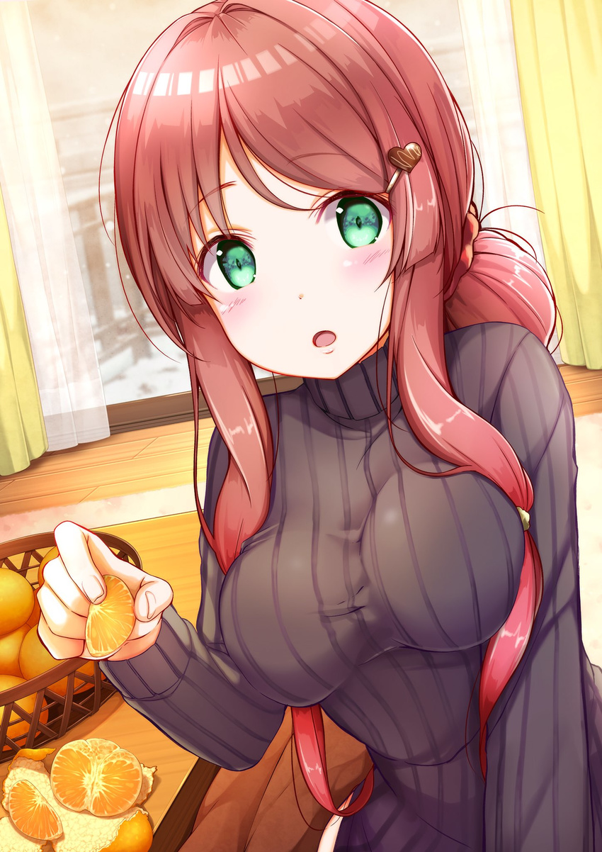 :o bangs blush breasts commentary_request day eyebrows_visible_through_hair feeding food fruit green_eyes grey_sweater hair_intakes hair_ornament hair_scrunchie hairclip highres holding holding_food holding_fruit impossible_clothes impossible_sweater indoors kotatsu large_breasts long_hair long_sleeves looking_at_viewer mandarin_orange na53 original parted_lips pov_feeding red_hair red_scrunchie ribbed_sweater scrunchie sitting solo sweater table turtleneck turtleneck_sweater