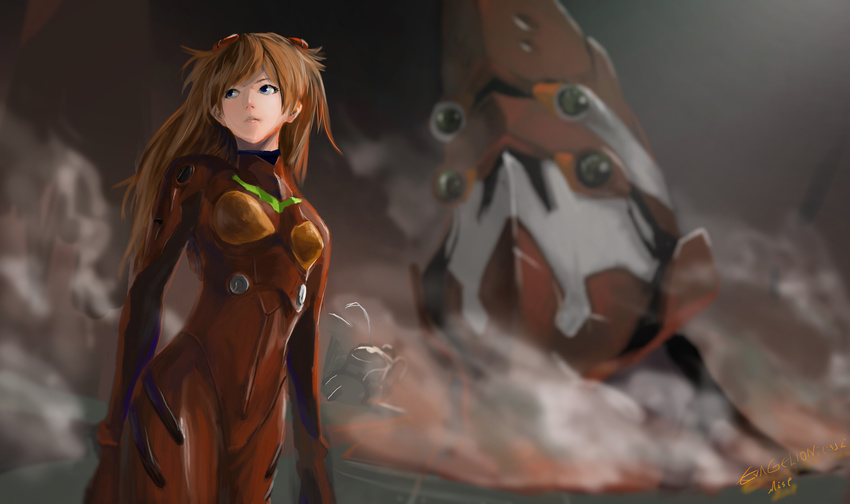 absurdres arm_at_side arm_behind_back bangs blue_eyes blurry bodysuit bracer breasts brown_hair closed_mouth copyright_name cowboy_shot depth_of_field eva_02 gloves headgear highres long_hair looking_away looking_to_the_side mecha mist-yuri neon_genesis_evangelion parted_bangs pilot_suit plugsuit red_bodysuit signature small_breasts smoke solo souryuu_asuka_langley standing turtleneck