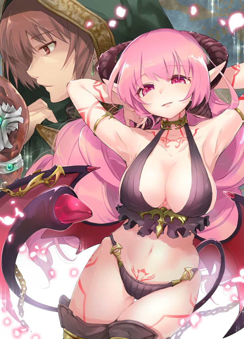 1girl armpits arms_behind_head bangs black_panties blush breasts chain choker commentary_request demon_girl demon_horns demon_tail demon_wings highres hood horns kurimochi_chizuru large_breasts long_hair looking_at_viewer navel original panties parted_lips pink_eyes pink_hair pointy_ears revealing_clothes smile stomach succubus tail tail_mouth tattoo thigh_gap thighhighs underwear very_long_hair wings