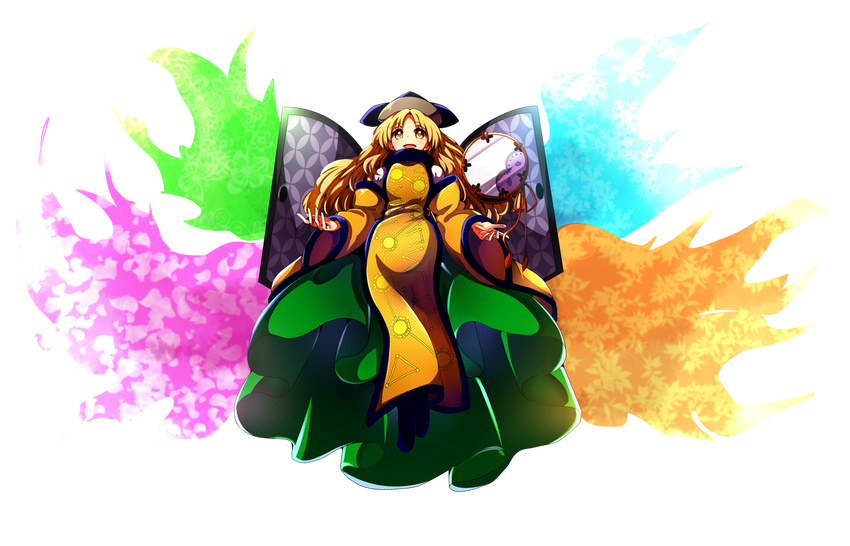 aura baba_(baba_seimaijo) blonde_hair commentary_request detached_sleeves door drum full_body green_skirt hat highres instrument long_hair looking_at_viewer matara_okina skirt smile solo tabard touhou transparent_background yellow_eyes
