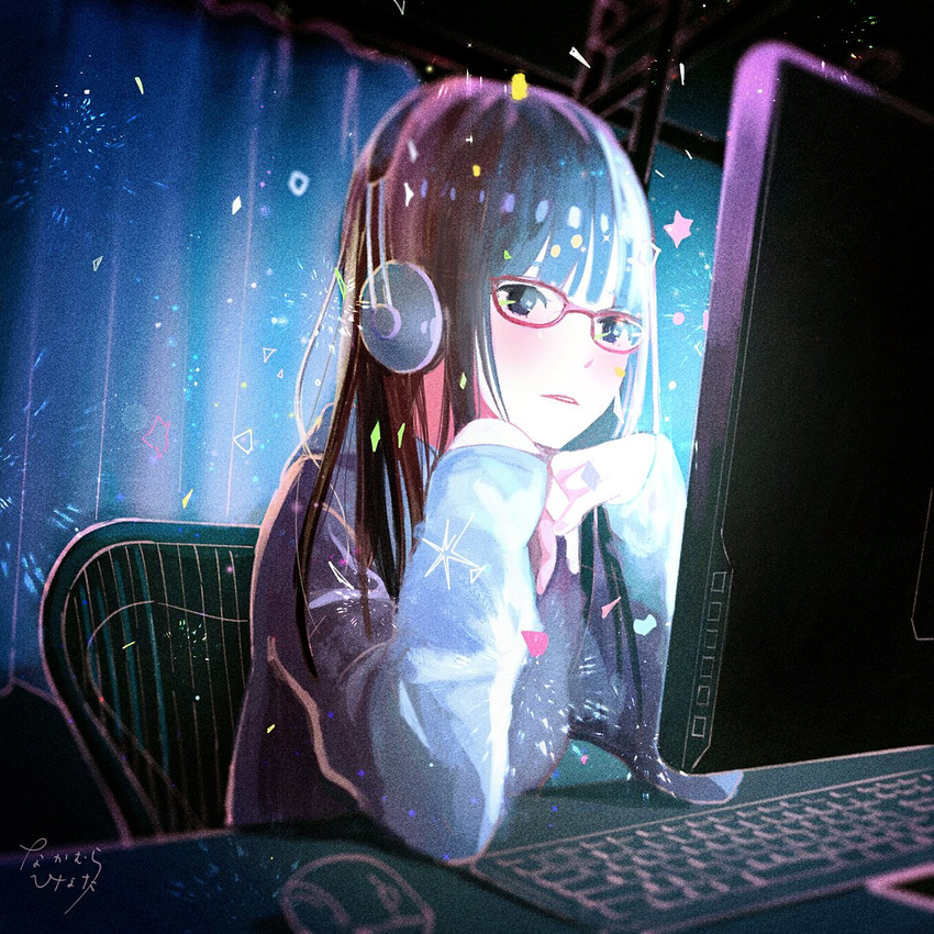 abstract artist_name bangs black_eyes black_hair blush breasts chair commentary_request desk elbow_rest film_grain headphones highres indoors keyboard long_hair long_sleeves looking_at_screen medium_breasts monitor mouse_(computer) nakamura_hinata on_chair original red-framed_eyewear signature sitting solo sweater white_sweater
