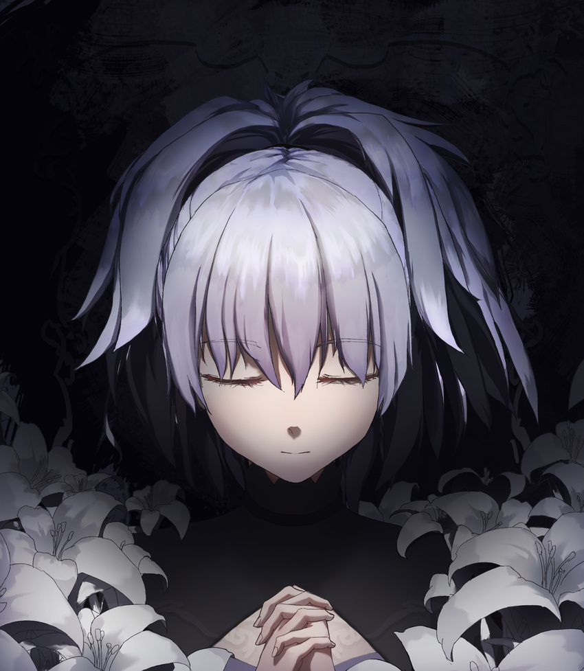 bad_id bad_pixiv_id closed_eyes darker_than_black facing_viewer flower highres hui_feng interlocked_fingers ponytail portrait silver_hair solo white_flower yin