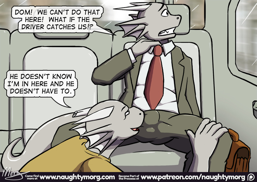 brothers bulge business_suit clothed clothing comic dialogue dragon duo english_text fully_clothed incest looking_away naughtymorg necktie scalie sibling speech_bubble suit text