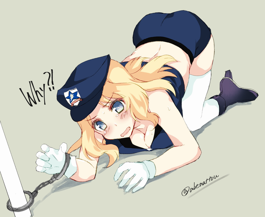 abenattou all_fours ass black_footwear black_shirt black_skirt blonde_hair blue_eyes blue_hat blush boots breasts brown_background cleavage crop_top cuffs embarrassed emblem english eyebrows_visible_through_hair full_body girls_und_panzer gloves hair_intakes handcuffs hat high_heel_boots high_heels kay_(girls_und_panzer) long_hair medium_breasts miniskirt open_mouth peaked_cap pencil_skirt police_hat saunders_(emblem) shirt sketch skindentation skirt solo sweatdrop tearing_up thighhighs twitter_username white_gloves white_legwear