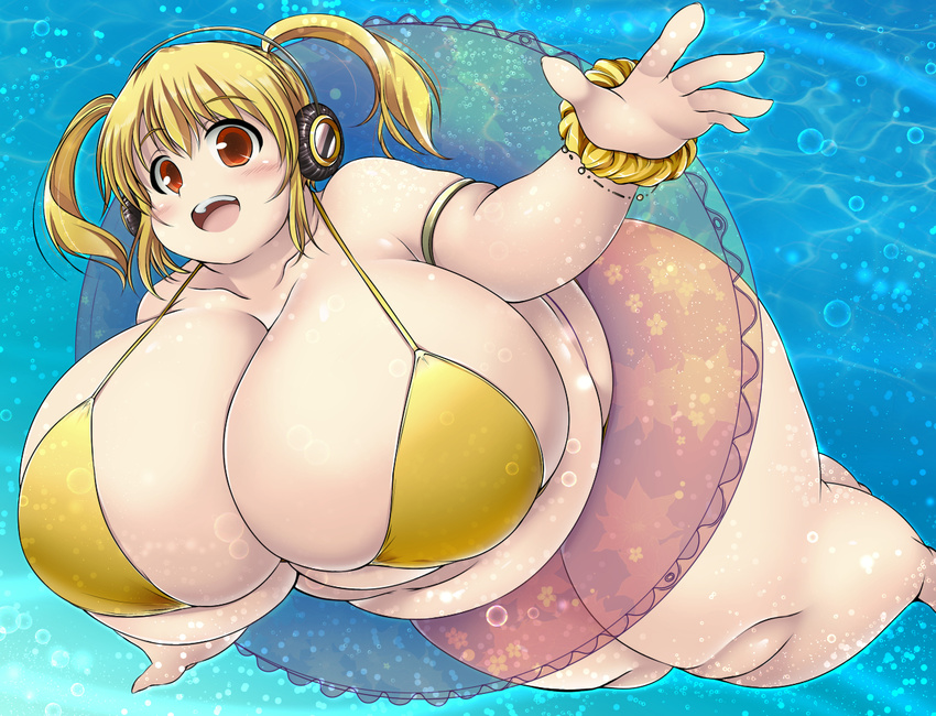 1girl blonde_hair breasts female gigantic_breasts headphones highres kurokaze_no_sora nitroplus obese red_eyes short_hair short_twintails solo super_pochaco twintails