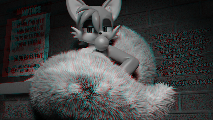 2017 3d_(artwork) anaglyph annonguy anthro big_breasts blue_eyes breasts bubble_gum canine crossgender digital_media_(artwork) english_text eyelashes female fox fur hair hi_res looking_at_viewer makeup mammal miles_prower multi_tail nude solo sonic_(series) stereogram text video_games white_fur wolvalix