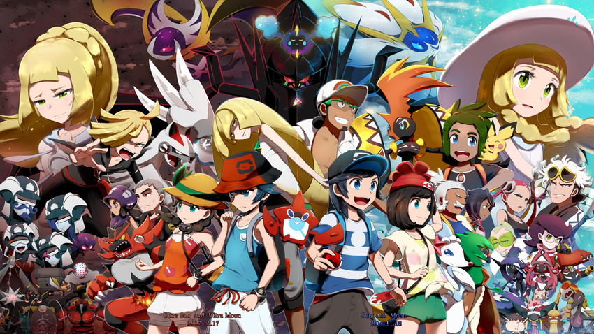 6+girls alolan_form alolan_raticate amamo_(pokemon) backpack bag baseball_cap beanie blacephalon black_hair black_jacket black_pants black_shirt blonde_hair blue_eyes blue_shirt blue_skin braid brother_and_sister bucket_hat buzzwole celesteela copyright_name cosmog dark_skin dark_skinned_male decidueye dress dual_persona dulse_(pokemon) eyewear_on_head facial_hair gen_2_pokemon gen_4_pokemon gen_7_pokemon gladio_(pokemon) glasses green_eyes green_hair green_shorts grey_hair gumshoos guzma_(pokemon) guzzlord hala_(pokemon) handbag hapu'u_(pokemon) hat hau_(pokemon) highres holding holding_poke_ball incineroar island_kahuna jacket kartana kommo-o kuchinashi_(pokemon) kukui_(pokemon) labcoat lillie_(pokemon) long_hair lunala lurantis lusamine_(pokemon) lychee_(pokemon) mimikyu mirin_(pokemon) mizuki_(pokemon) mother_and_daughter mother_and_son multiple_boys multiple_girls mustache necrozma nihilego open_clothes open_mouth orange_hair orange_shirt pants pheromosa pichu pink_hair plumeri_(pokemon) poipole poke_ball pokedex pokemon pokemon_(creature) pokemon_(game) pokemon_sm pokemon_usum ponytail primarina purple_hair quad_tails red_eyes red_hat rotom rotom_dex salazzle sauboo_(pokemon) shionira_(pokemon) shirogane_yu shirt short_hair short_sleeves shorts siblings silvally sleeveless sleeveless_dress smile solgaleo stakataka striped striped_shirt sun_hat sunglasses tank_top tapu_bulu tapu_fini tapu_koko tapu_lele tied_shirt torn_clothes torn_pants twin_braids ultra_beast ultra_recon_squad_uniform vikavolt white_dress white_hair white_hat white_shirt white_shorts wicke_(pokemon) wishiwashi xurkitree you_(pokemon) z-ring