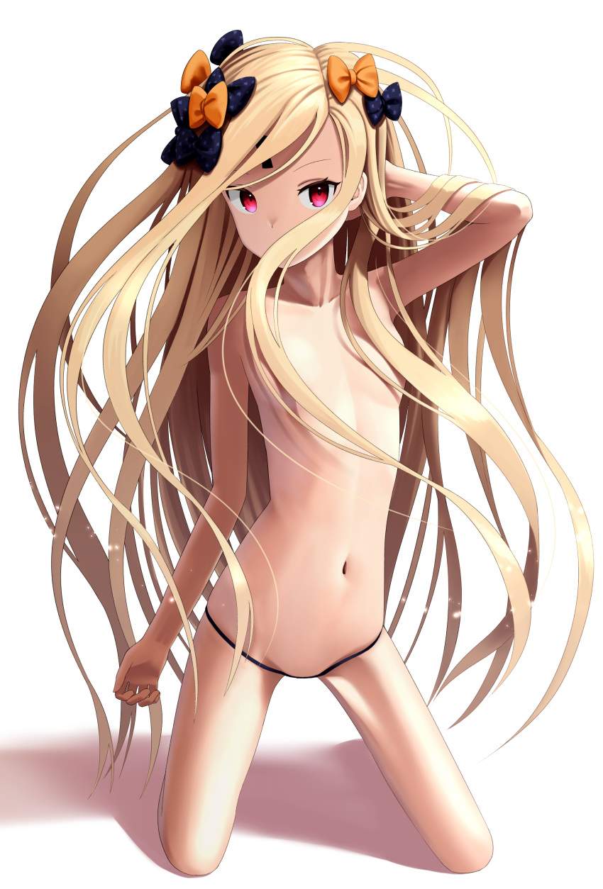 1girl abigail_williams_(fate/grand_order) absurdres arm_up bad_anatomy black_bow black_panties blonde_hair bow commentary_request covered_mouth fate/grand_order fate_(series) full_body hair_bow hair_censor hand_in_hair highres keyhole kneeling long_hair looking_at_viewer navel orange_bow panties red_eyes sanbe_futoshi shadow solo topless underwear underwear_only very_long_hair white_background