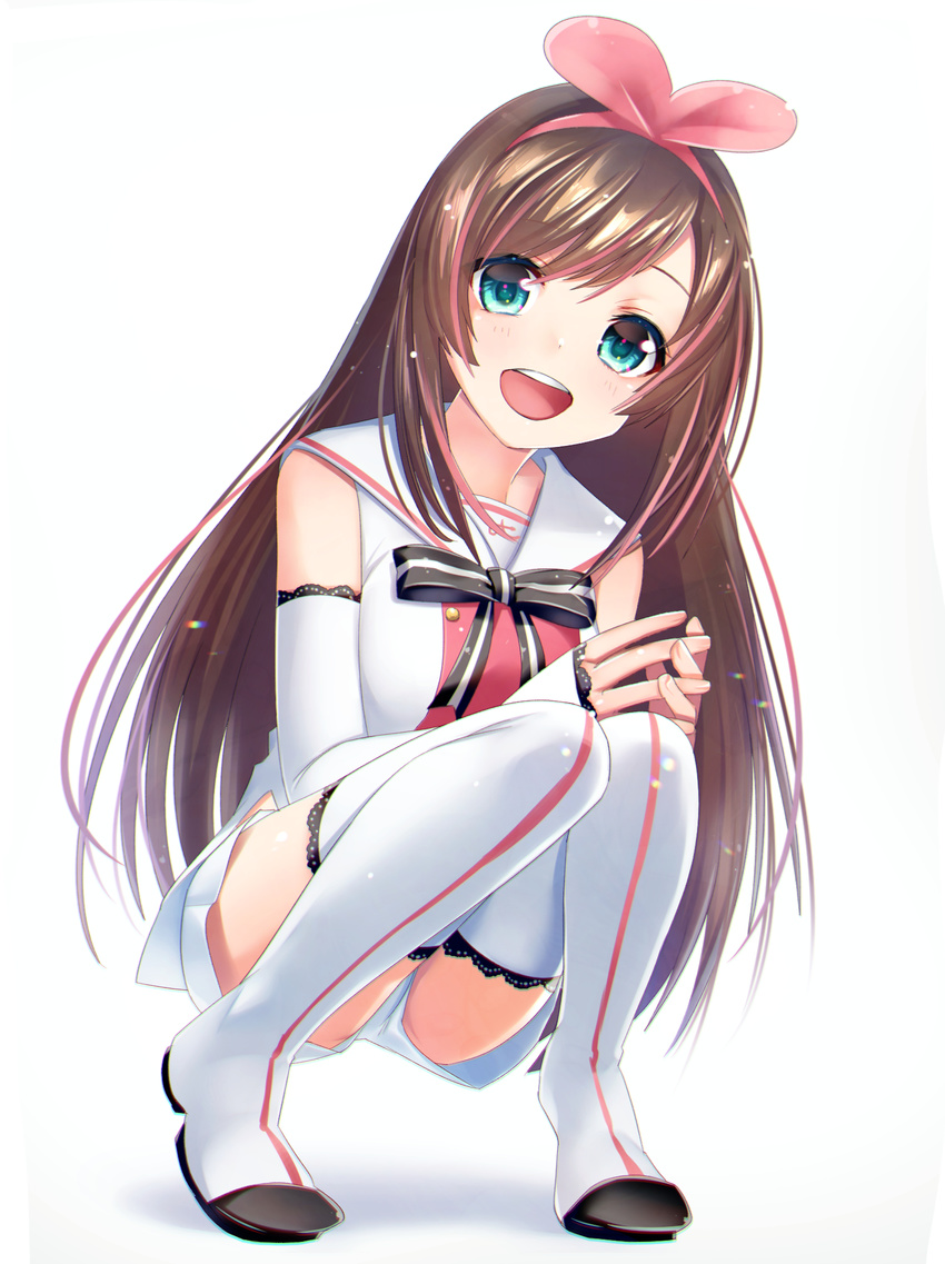 a.i._channel ayamori_mimi blue_eyes blush boots bow breasts brown_hair commentary_request hair_bow hairband highres kizuna_ai long_hair looking_at_viewer medium_breasts multicolored_hair open_mouth pink_bow sailor_collar smile solo squatting streaked_hair thigh_boots thighhighs virtual_youtuber white_legwear
