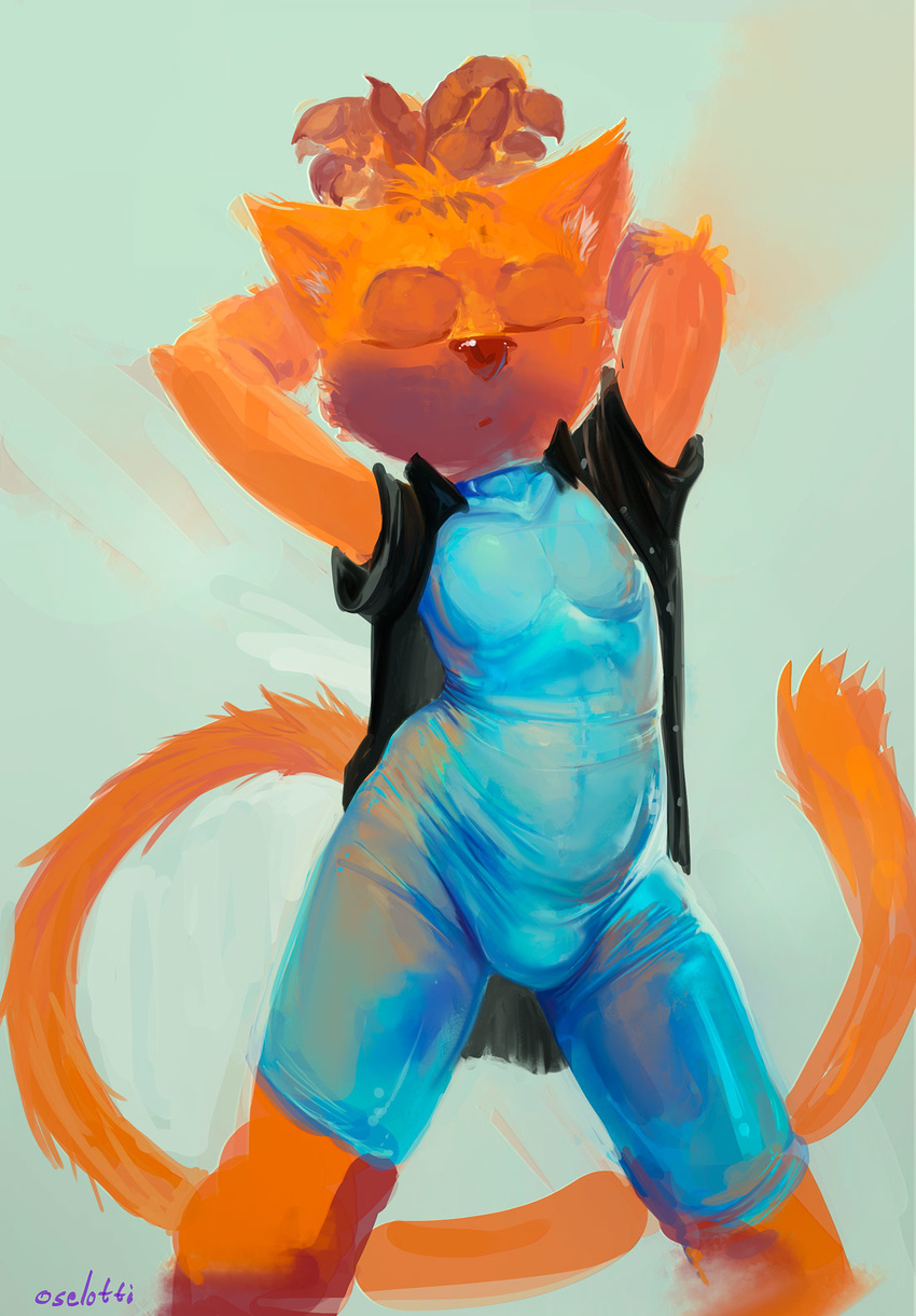 2015 anthro athletic bodysuit bulge cat claws clothed clothing eyes_closed feline fur male mammal oselotti rubber simple_background skinsuit solo standing tight_clothing yellow_fur