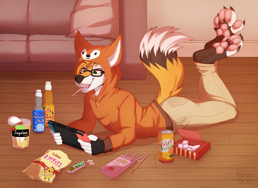 2017 anthro beverage big_tail black_fur black_nose candy canine clothed clothing digital_media_(artwork) eyewear food fox fur gaming glasses green_eyes haiku_(character) hair hi_res hoodie hybrid junk_food kazutsu legwear long_tail male mammal multicolored_tail nerd nintendo nintendo_switch open_mouth playing_videogame smile solo tongue video_games white_fur