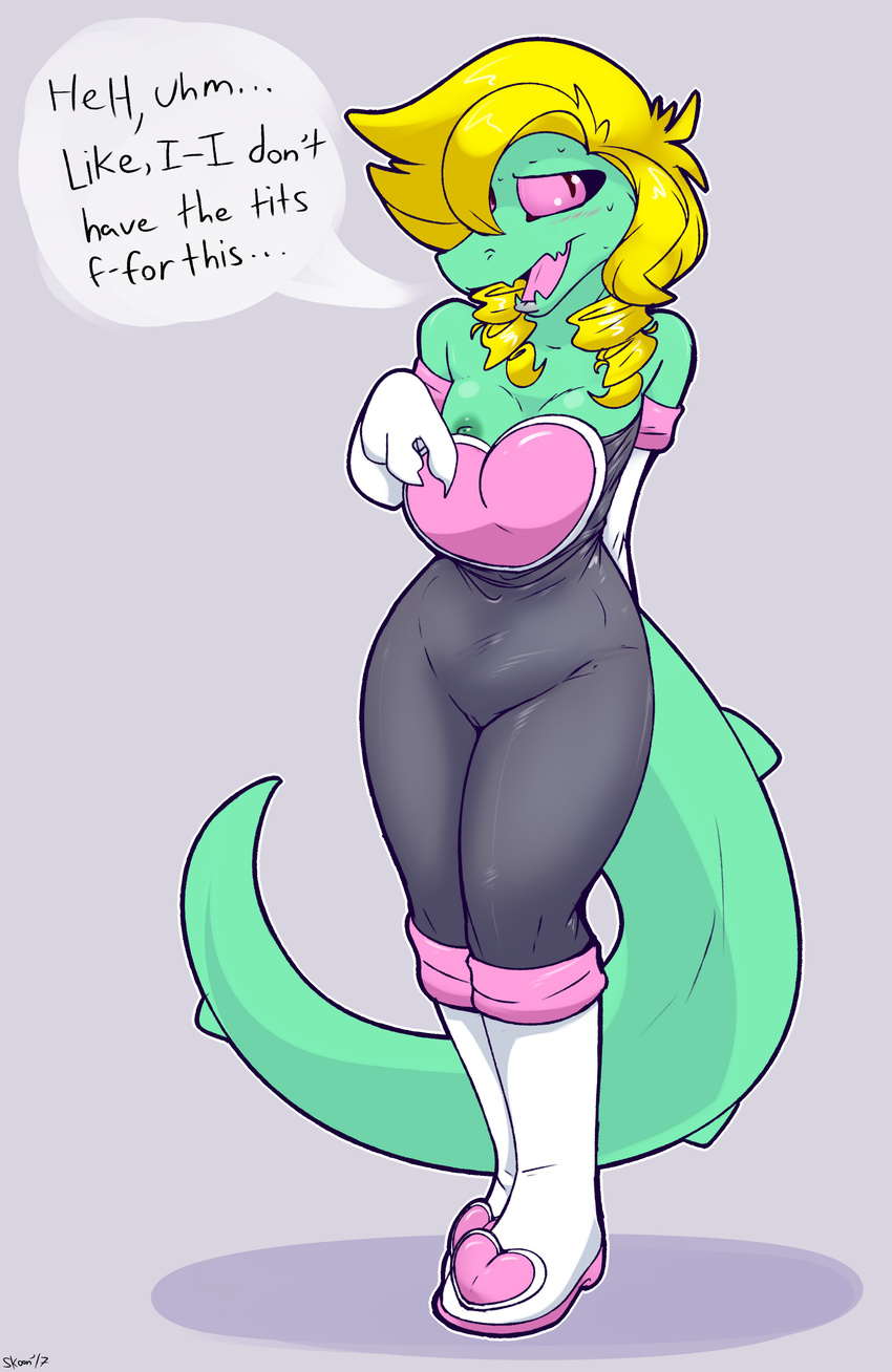 2017 absurd_res alligator anthro areola blonde_hair bratty_(undertale) breasts clothed clothing cosplay costume crocodilian dialogue english_text female hair hi_res nipples open_mouth pink_sclera reptile rouge_the_bat scalie simple_background skoon slit_pupils small_breasts solo sonic_(series) text undertale video_games