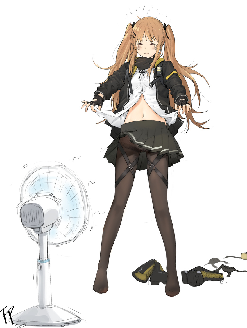 &gt;_&lt; :3 black_gloves black_jacket black_legwear blush boots_removed brown_hair closed_eyes closed_mouth electric_fan eyebrows_visible_through_hair facing_viewer fanning_crotch fingerless_gloves fpanda girls_frontline gloves hair_ornament hairclip highres jacket leg_belt long_hair long_sleeves navel no_shoes panties panties_under_pantyhose pantyhose shirt shirt_lift signature simple_background smile solo standing thighband_pantyhose twintails ump9_(girls_frontline) underwear white_background white_shirt