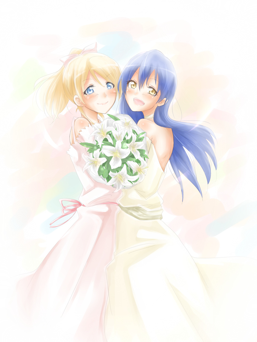 :d ayase_eli bangs bare_shoulders blonde_hair blue_eyes blue_hair blush bouquet bow choker couple dress flower hair_between_eyes hair_bow highres holding holding_bouquet lily_(flower) long_hair looking_at_viewer love_live! love_live!_school_idol_project multiple_girls open_mouth pale_color pink_dress ponytail sakura_ai_ke smile sonoda_umi wedding wedding_dress white_bow white_dress white_neckwear wife_and_wife yellow_eyes yuri
