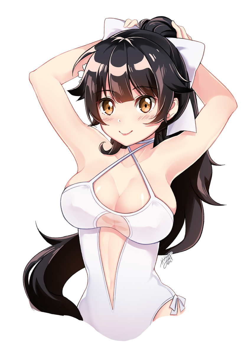 adjusting_hair armpits arms_behind_head arms_up azur_lane bangs bare_arms bare_shoulders blunt_bangs blush bow breasts brown_hair castle cleavage closed_mouth criss-cross_halter eyebrows_visible_through_hair hair_bow halterneck highres large_breasts lips long_hair looking_at_viewer orange_eyes ponytail ribbon sasha_chii see-through shiny shiny_hair signature simple_background smile solo swimsuit takao_(azur_lane) upper_body very_long_hair white_background white_ribbon white_swimsuit