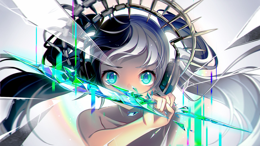 collarbone commentary_request floating_hair green_eyes hatsune_miku headphones long_hair looking_at_viewer multicolored_hair nou shoulders solo topless twintails two-tone_hair very_long_hair vocaloid