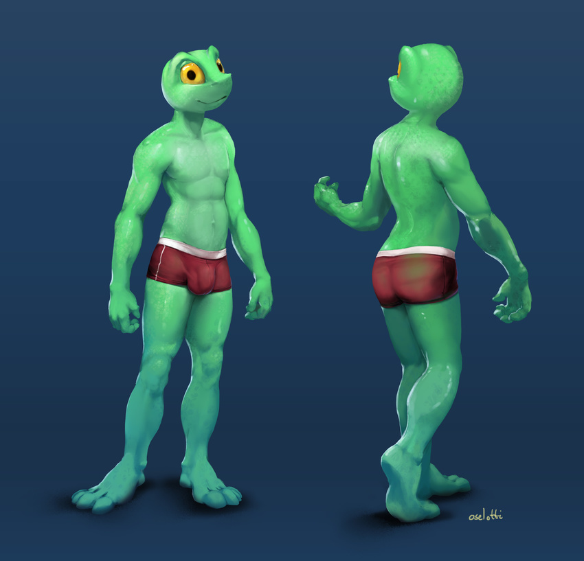 2016 4_toes amphibian anthro athletic barefoot biceps boxer_briefs boxers_(clothing) bulge butt clothed clothing feet frog green_scales green_skin looking_at_viewer male mammal navel nipples oselotti penis_outline scales shiny simple_background smile solo standing toes topless underwear yellow_eyes