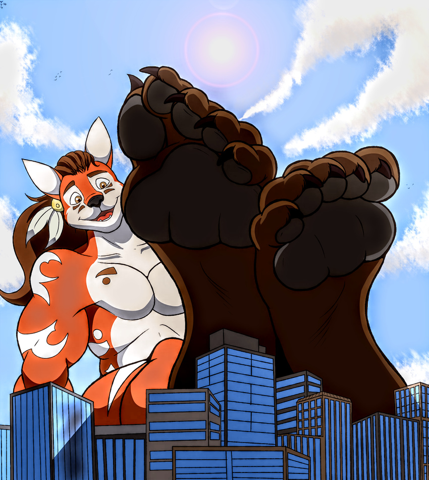 2016 5_toes abs anthro big_feet black_claws black_nose canine city claws cloud feathers feet foot_fetish foot_focus fox fur green_eyes hair hi_res long_hair macro male male_feet mammal multicolored_fur muscular open_mouth outside pawpads paws ponytail red_fur sky soles solo toepads toes zp92