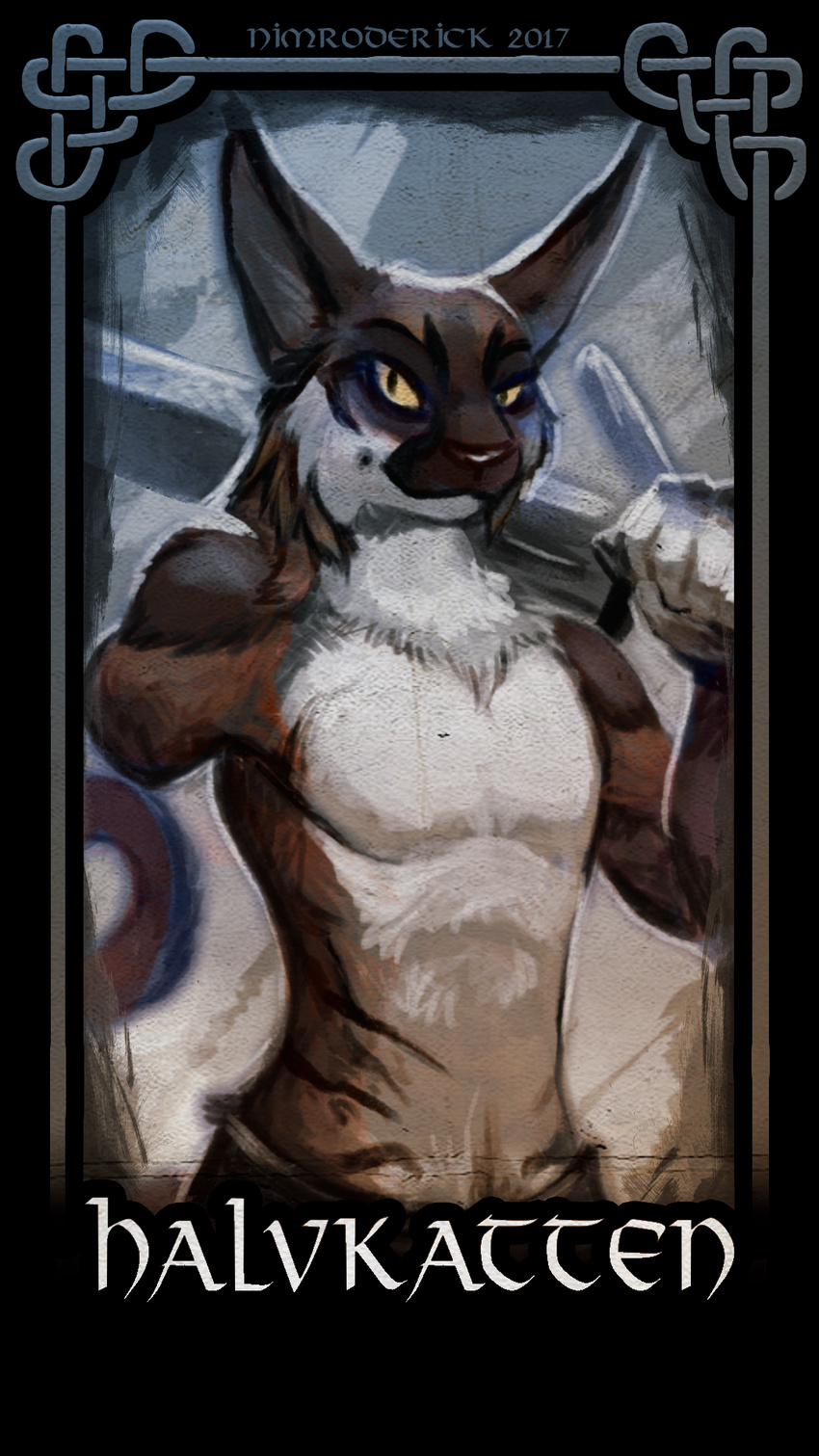 2017 amputee anthro badge caracal cat clothed clothing digital_media_(artwork) feline halvkatten looking_at_viewer male mammal melee_weapon nimroderick one_arm partially_clothed pose scar solo standing sword topless weapon
