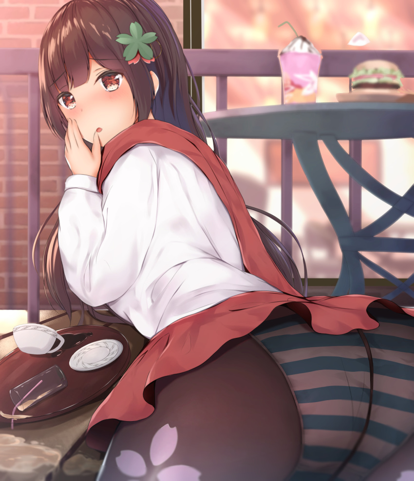 1girl :o apron ass bangs black_legwear blurry blush brown_hair cafe cherry_blossom_print commentary_request cup depth_of_field drinking_glass drinking_straw eyebrows_visible_through_hair food girls_frontline hair_ornament hamburger hand_on_own_cheek highres houraku indoors long_hair looking_at_viewer looking_back on_floor panties panties_under_pantyhose pantyhose saucer shirt solo spill striped striped_panties table teacup tray type_100_(girls_frontline) underwear very_long_hair white_shirt window