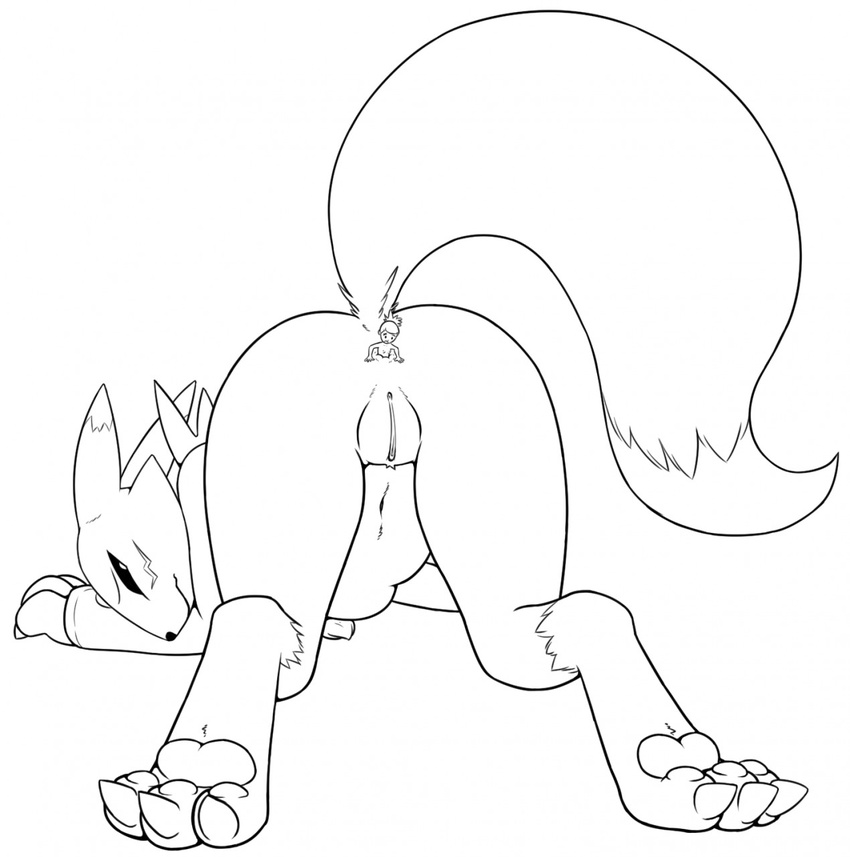 anal anal_vore anthro anus black_and_white breasts canine digimon duo female fur human mammal monochrome pawpads paws poconeg pussy raised_tail renamon rika_nonaka vore