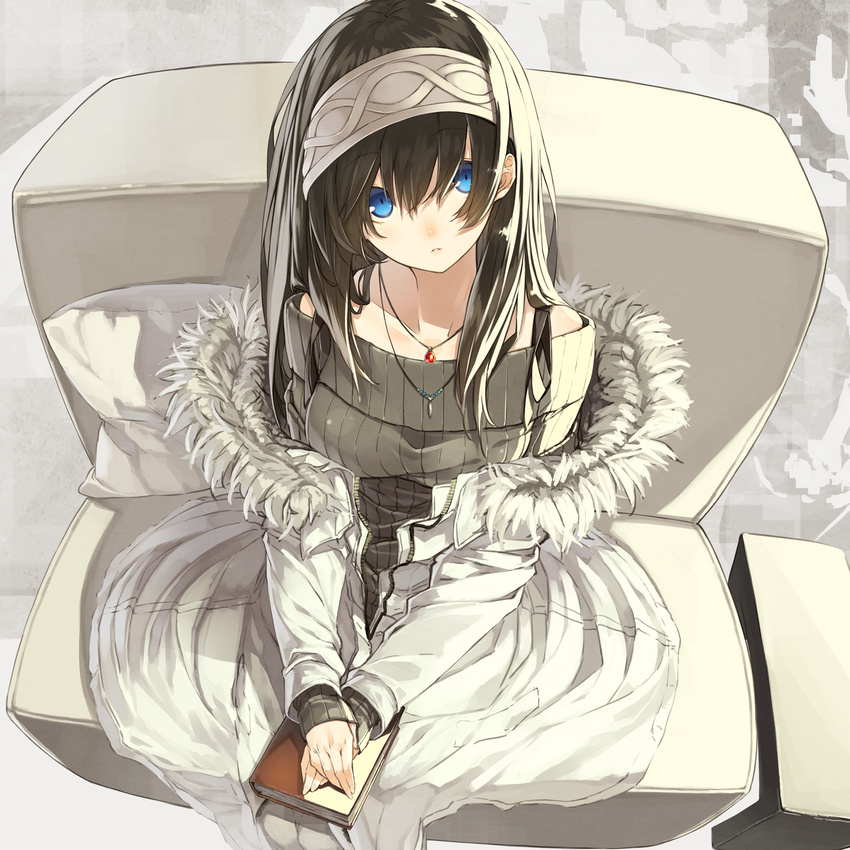 bangs bare_shoulders black_hair black_sweater blue_eyes book breasts chair closed_mouth coat collarbone couch expressionless eyebrows_visible_through_hair foreshortening fur_trim hair_between_eyes hairband highres idolmaster idolmaster_cinderella_girls jewelry large_breasts long_hair long_sleeves looking_at_viewer necklace off-shoulder_sweater on_couch open_clothes open_coat pendant pillow sagisawa_fumika senmu sitting sleeves_past_wrists solo sweater unzipped white_hairband winter_clothes winter_coat