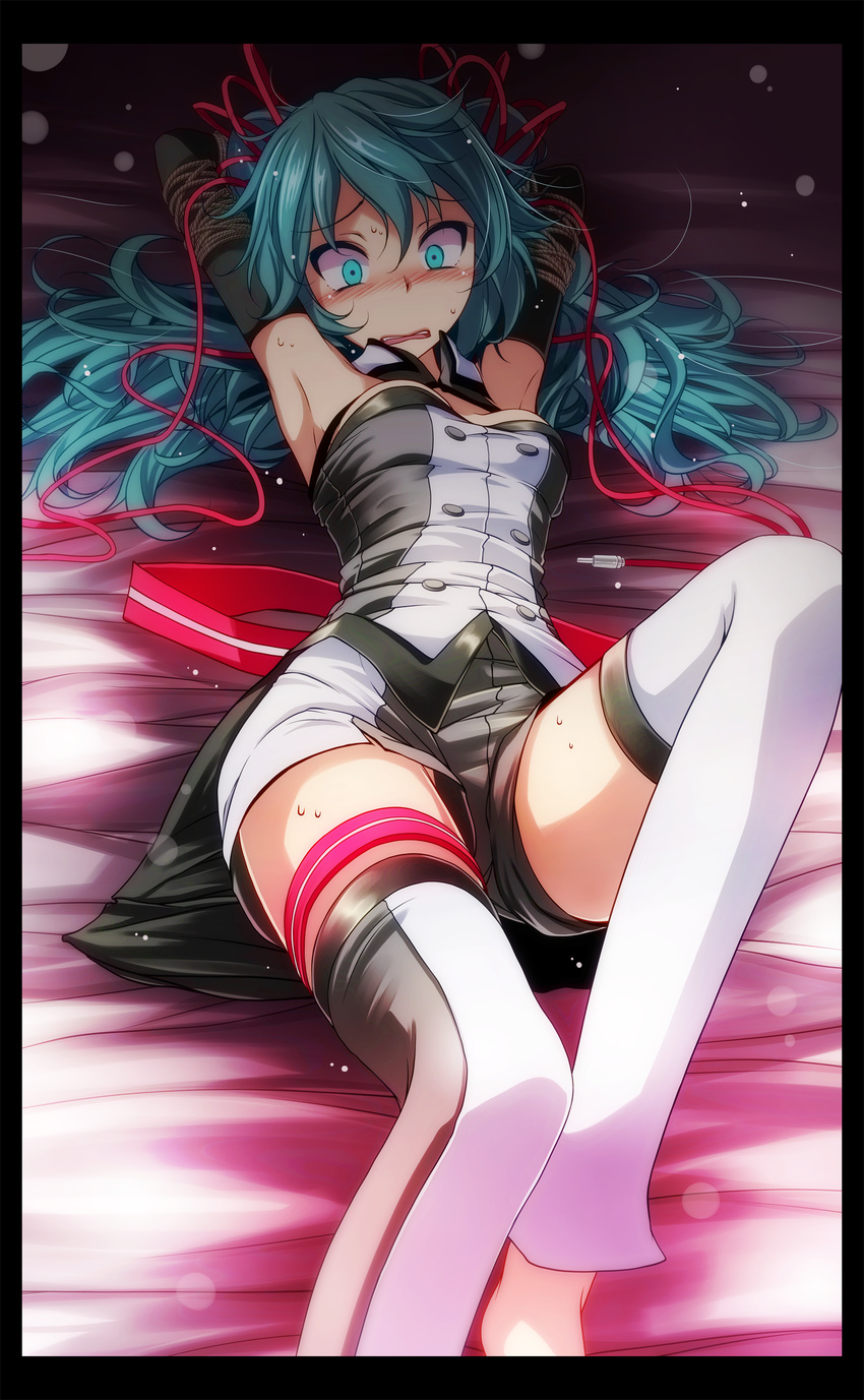 absurdres armpits arms_behind_head bare_shoulders bdsm bed_sheet black_border blue_eyes blue_hair blush bondage border bound bound_arms breasts cable detached_collar double-breasted elbow_gloves eyebrows_visible_through_hair feet_out_of_frame foreshortening gloves hatsune_miku highres index_finger_raised knee_up light_particles long_hair lying nijigen_dream_fever_(vocaloid) nose_blush on_back open_mouth project_diva_(series) project_diva_f_2nd restrained rope shorts small_breasts solo strapless sweat thigh_strap thighhighs toeless_legwear tsukishiro_saika twintails very_long_hair vocaloid white_legwear wide-eyed