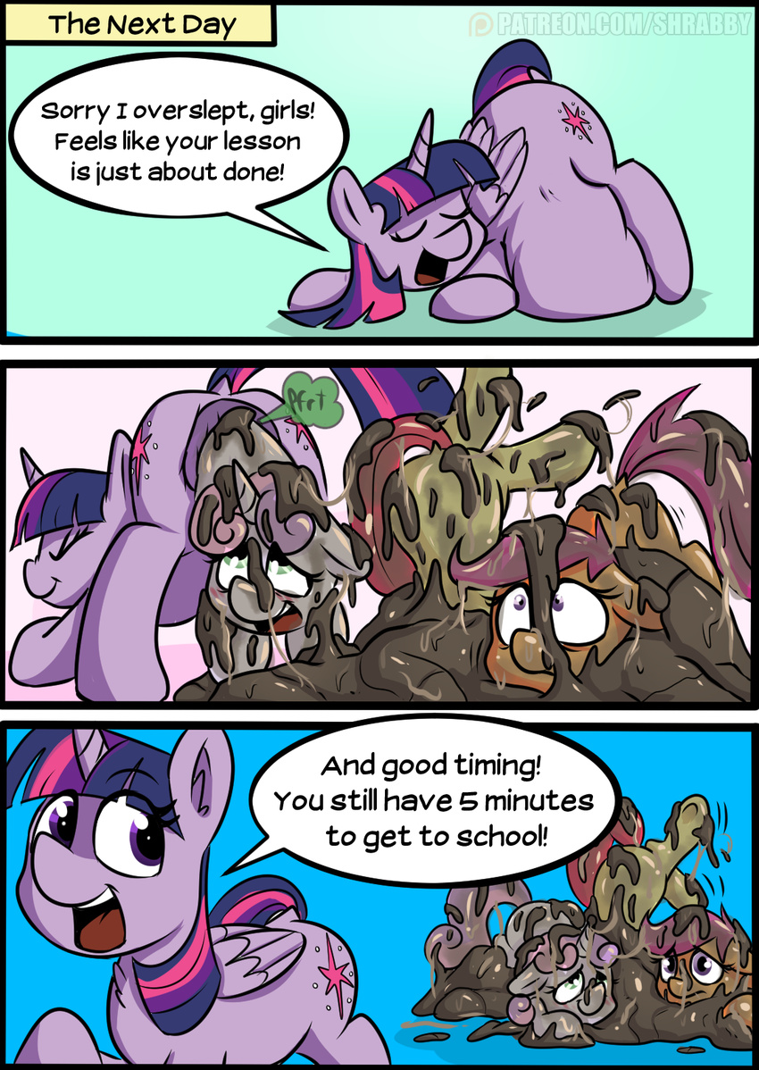 2017 anus apple_bloom_(mlp) butt cutie_mark cutie_mark_crusaders_(mlp) dialogue english_text equine feces female feral friendship_is_magic group hair hi_res horn mammal multicolored_hair my_little_pony open_mouth scat scootaloo_(mlp) shrabby sweetie_belle_(mlp) text twilight_sparkle_(mlp) two_tone_hair unicorn vore winged_unicorn wings young