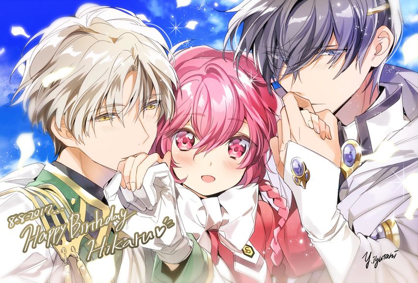 2017 2boys artist_name black_hair blue_sky blush bow bowtie braid character_name dated day eagle_vision face gloves grey_hair hair_between_eyes happy happy_birthday holding_hands iyutani lantis_(rayearth) magic_knight_rayearth multiple_boys pink_eyes pink_hair platinum_blonde_hair shidou_hikaru short_hair signature sky smile white_bow white_gloves