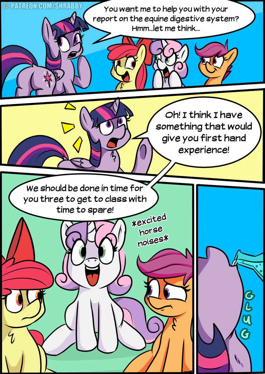 2017 apple_bloom_(mlp) cutie_mark cutie_mark_crusaders_(mlp) dialogue english_text equine female feral friendship_is_magic group hair hi_res horn mammal multicolored_hair my_little_pony open_mouth scootaloo_(mlp) shrabby smile sweetie_belle_(mlp) text twilight_sparkle_(mlp) two_tone_hair unicorn winged_unicorn wings young