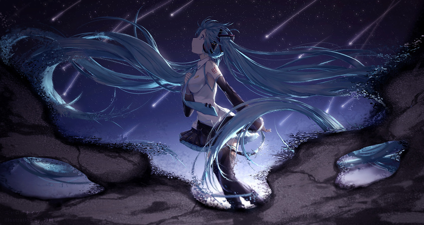 absurdly_long_hair black_hairband black_legwear black_skirt blue_eyes blue_hair blue_neckwear breasts detached_sleeves floating_hair from_side hairband hatsune_miku headphones highres lengchan_(fu626878068) long_hair looking_up medium_breasts miniskirt necktie night number outdoors pleated_skirt shirt skirt sky sleeveless sleeveless_shirt solo standing star_(sky) starry_sky strobe_nights_(vocaloid) tattoo thighhighs very_long_hair vocaloid white_shirt zettai_ryouiki