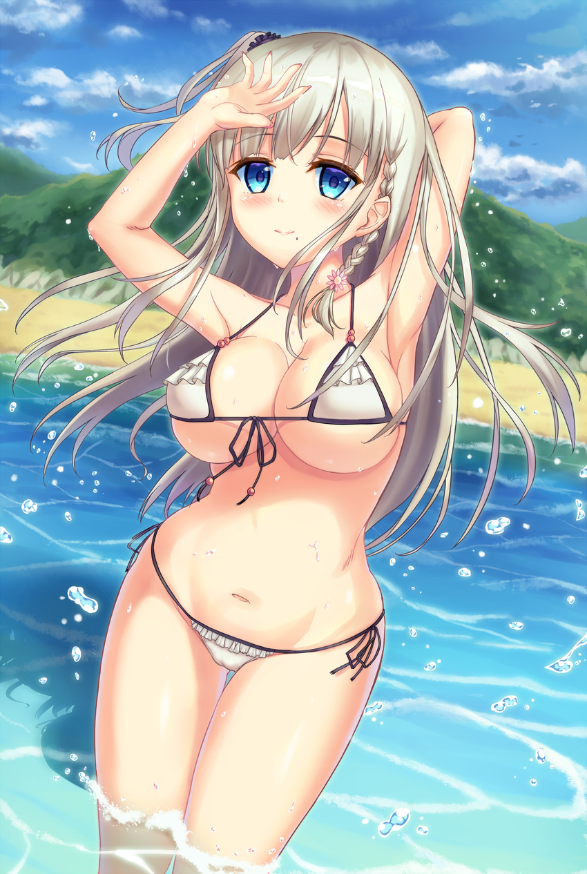 absurdres arm_behind_head arms_up beach bikini blonde_hair blue_eyes blue_sky breasts cleavage cloud cowboy_shot day frilled_bikini frills front-tie_top highres large_breasts long_hair mountain navel ocean one_side_up original outdoors side-tie_bikini sky smile solo swimsuit wading water white_bikini yurina