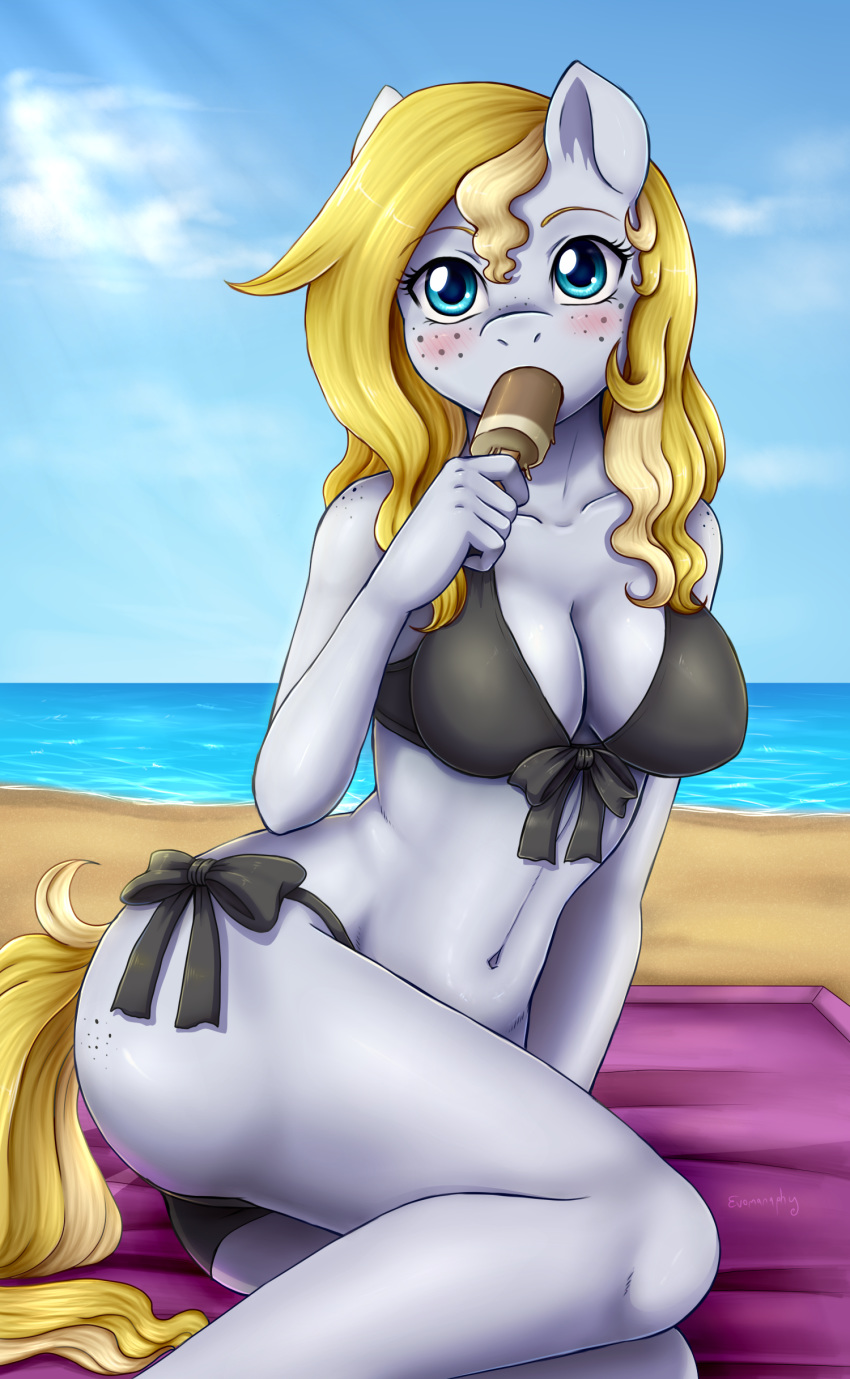 anthro beach bikini blonde_hair blue_eyes blush breasts cleavage clothed clothing dessert equine evo_(oc) evomanaphy fan_character female food freckles hair horse ice_cream looking_at_viewer mammal melting my_little_pony navel pony sea seaside sitting solo swimsuit towel water