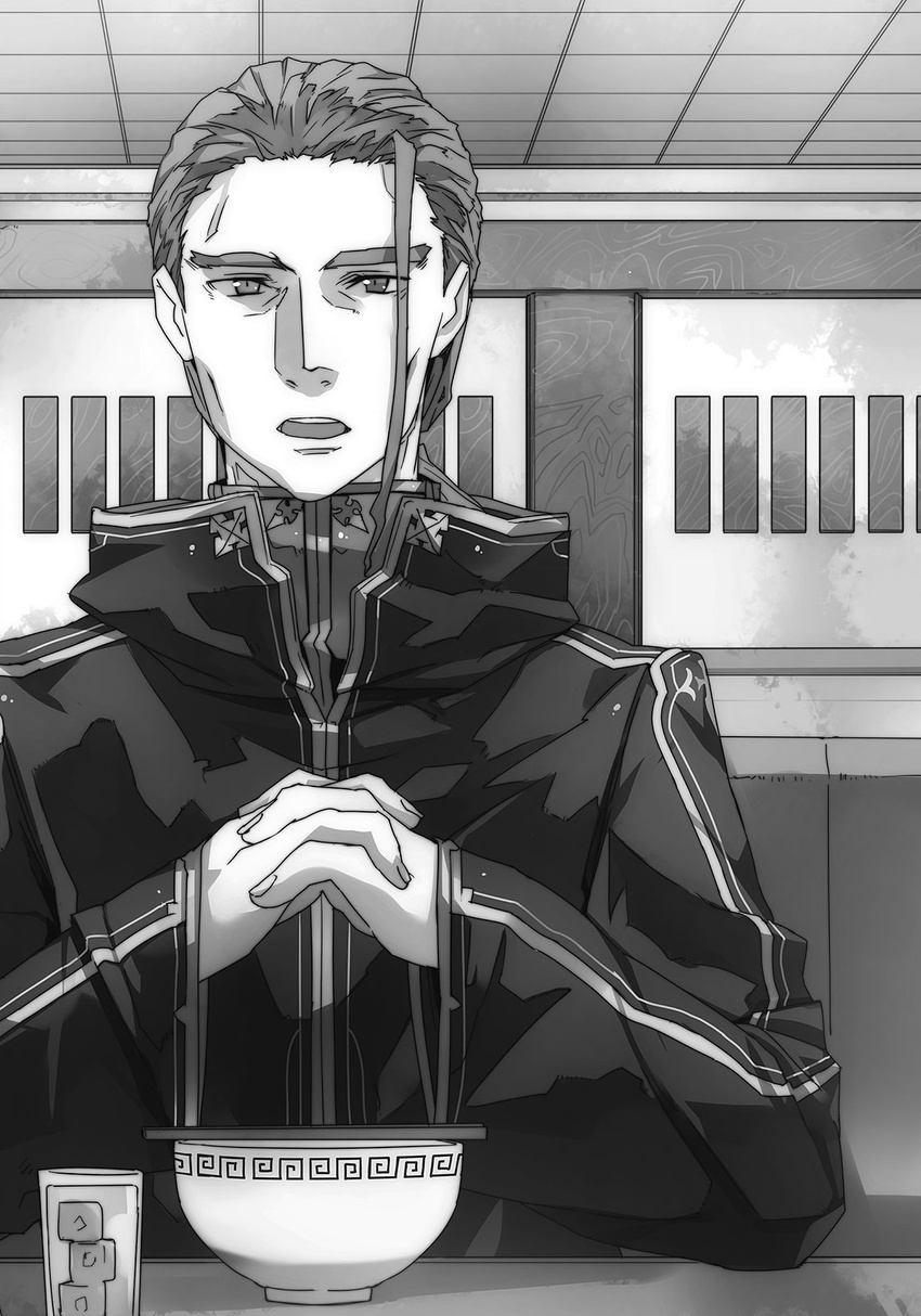 abec greyscale heathcliff highres interlocked_fingers looking_at_viewer male_focus monochrome novel_illustration official_art open_mouth sidelocks sitting solo sword_art_online upper_body