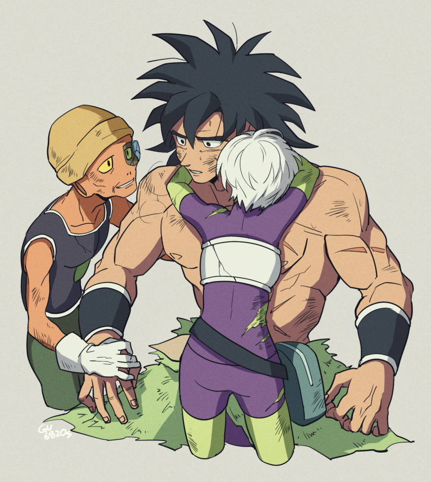 1girl 2boys armor arms_around_neck arms_at_sides black_eyes black_hair broken_armor broly_(dragon_ball_super) cheelai dirty dirty_clothes dirty_face dragon_ball dragon_ball_super dragon_ball_super_broly expressionless facing_away fanny_pack fingernails gloves grey_background hand_on_another's_arm hat height_difference highres lemo_(dragon_ball) light_smile looking_at_another looking_away multiple_boys muscle nipples open_mouth scar scouter shaded_face shirtless short_hair simple_background smile spiked_hair tama_azusa_hatsu torn_clothes twitter_username upper_body white_gloves white_hair wristband