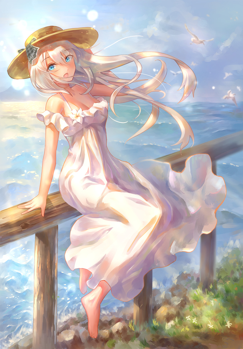 barefoot bird blue_eyes breasts cleavage commentary_request day dress eyebrows_visible_through_hair fate/grand_order fate_(series) floating_hair foot_dangle full_body hand_on_headwear hat highres horizon light_particles long_dress long_hair looking_at_viewer marie_antoinette_(fate/grand_order) marie_antoinette_(swimsuit_caster)_(fate) medium_breasts ocean on_railing open_mouth outdoors railing seagull silver_hair sitting sky solo sun_hat sundress sunlight water white_dress wind yahiro_(666131415)