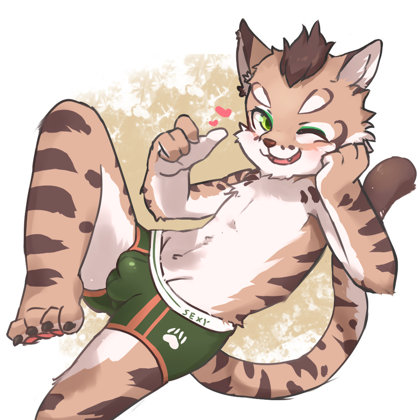 &lt;3 anthro boxers_(clothing) bulge cat clothing cub feline green_eyes male mammal nekojishi nekowuwu one_eye_closed shu-chi simple_background solo underwear young