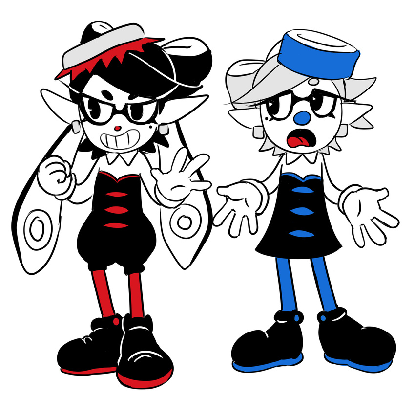 beauty_mark black_hair callie_(splatoon) clothing crossover cuphead_(game) duo ear_piercing female gloves grey_hair grin hair hat humanoid inkling marie_(splatoon) nintendo open_mouth piercing pointy_ears shompu smile splatoon squid_sisters tentacle_hair tentacles video_games