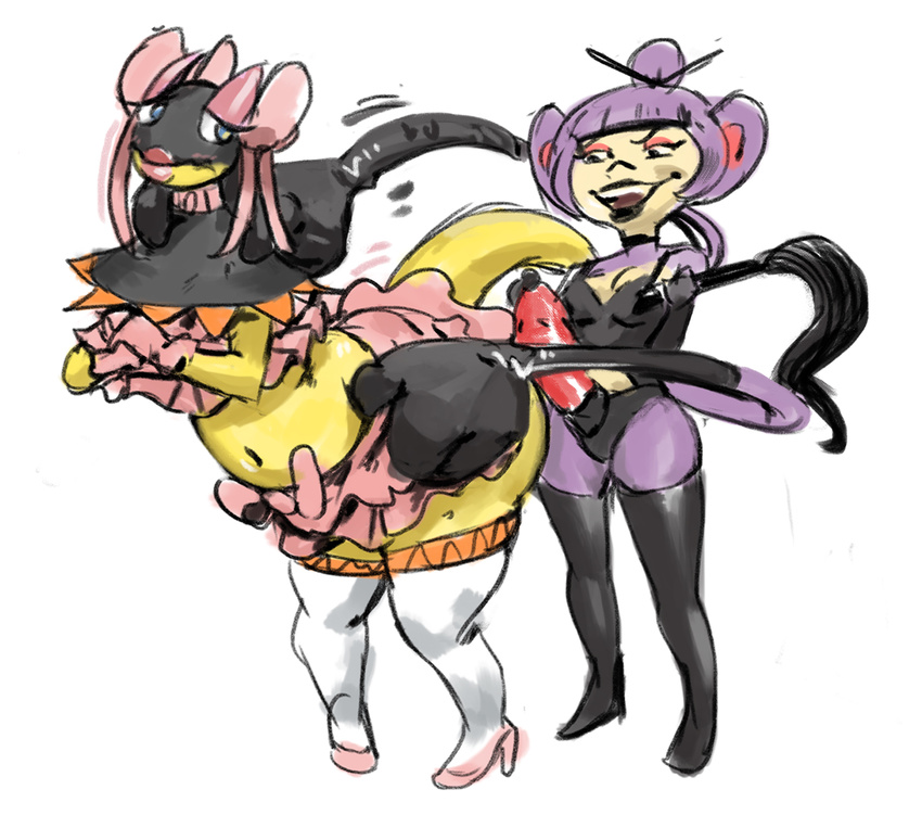 ambipom anthro bow breasts clothing dildo domination female female/female female_domination footwear hair heliolisk high_heels lipstick makeup nintendo pok&eacute;mon pok&eacute;mon_(species) pok&eacute;morph purple_hair redfred sex_toy shoes skirt slightly_chubby strapon video_games