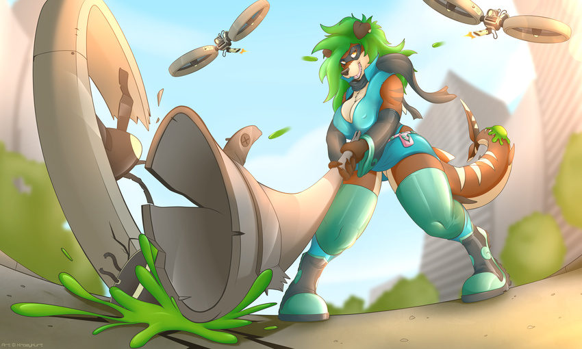 2017 anthro big_breasts boots breasts building butt canine city claws clothed clothing detailed_background digital_media_(artwork) dog dress drone ear_piercing eyewear female fish footwear fur gloves goo green_hair hair hi_res huge_breasts hybrid krazykurt legwear machine mammal manji marine open_mouth outside piercing rubber shark shiny skirt sky slightly_chubby socks solo story story_in_description suit thick_thighs thigh_highs tight_clothing toe_claws voluptuous wide_hips