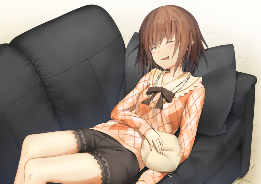 :d ^_^ ^o^ brown_hair closed_eyes commentary_request couch drooling hat hat_removed headwear_removed hiraba_6018 idolmaster idolmaster_cinderella_girls kita_hinako lying open_mouth pillow plaid plaid_shirt shirt short_hair shorts sleeping smile solo