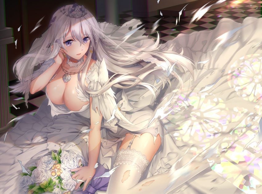althea_(sakiya0000) azur_lane bouquet breasts bridal_veil checkered checkered_floor cleavage commentary_request crying crying_with_eyes_open dress earrings enterprise_(azur_lane) flower garter_straps jewelry lace lace-trimmed_thighhighs large_breasts lavender_eyes necklace rose tears thighhighs torn_clothes torn_dress veil wedding_dress white_flower white_hair white_legwear white_rose