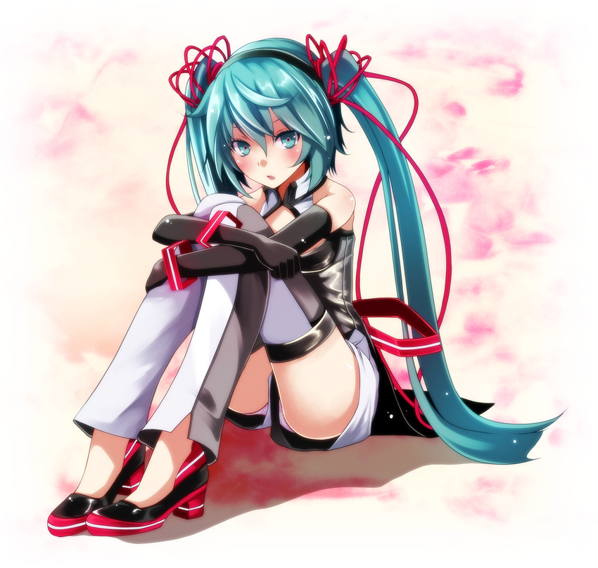 :o aqua_eyes aqua_hair bad_id bad_pixiv_id bangs bare_shoulders black_footwear black_gloves black_hairband black_vest blush bracelet cleavage_cutout detached_leggings elbow_gloves full_body gloves hair_between_eyes hair_ribbon hairband hatsune_miku highres jewelry knees_up leg_hug long_hair looking_at_viewer nijigen_dream_fever_(vocaloid) no_socks open_mouth panties panties_under_shorts pantyshot pantyshot_(sitting) pink_panties pink_ribbon project_diva_(series) project_diva_f_2nd ribbon shorts sitting sleeveless solo thighs tsukishiro_saika twintails underwear upshorts very_long_hair vest vocaloid white_shorts