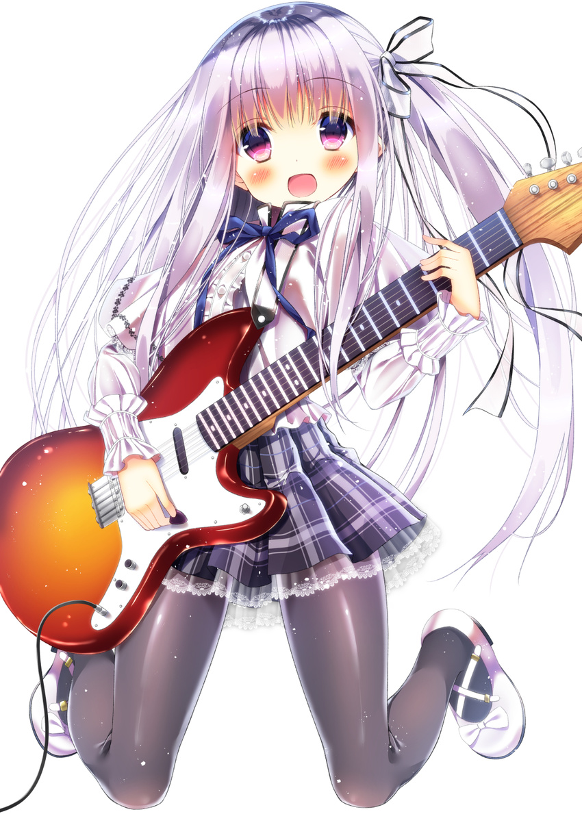:d bangs black_legwear black_skirt blue_ribbon blush bow center_frills collared_shirt commentary_request dosu_(yodosu) eyebrows_visible_through_hair frilled_sleeves frills full_body gotou_jun guitar hair_between_eyes hair_bow hair_ribbon head_tilt highres holding holding_instrument instrument kneeling long_sleeves looking_at_viewer one_side_up open_mouth pantyhose pink_eyes plaid plaid_skirt pleated_skirt ribbon shirt silver_hair simple_background skirt smile solo tenshi_no_3p! white_background white_bow white_footwear white_ribbon white_shirt