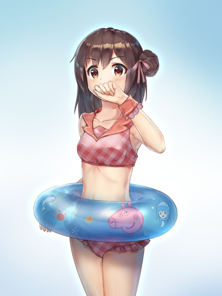 bikini blush brown_eyes brown_hair collarbone covering_mouth cowboy_shot frilled_bikini_bottom hair_ribbon highres ikamusume innertube li_xuejun navel original peppa_pig peppa_pig_(series) pink_bikini pink_ribbon plaid plaid_bikini red_sailor_collar ribbon sailor_collar shinryaku!_ikamusume side_bun solo swimsuit wristband