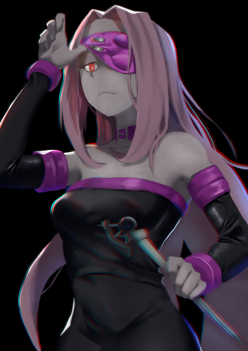 absurdres bare_shoulders blindfold blindfold_lift breasts chain chromatic_aberration cleavage collar cosplay dress fate/grand_order fate/stay_night fate_(series) highres huihuimao little_witch_academia long_hair looking_at_viewer medium_breasts one_eye_covered pale_skin purple_eyes purple_hair red_eyes ribbon rider rider_(cosplay) simple_background solo strapless strapless_dress sucy_manbavaran thighhighs zettai_ryouiki