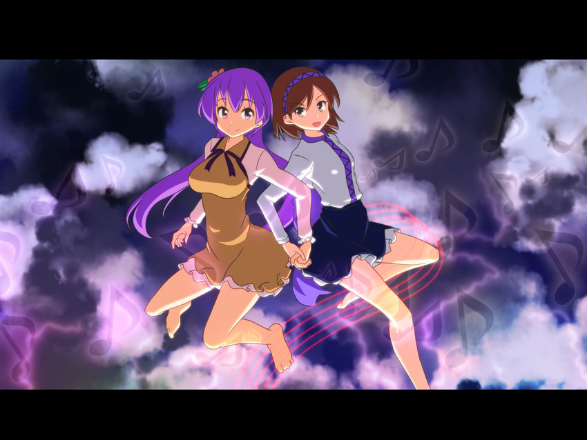 :d anime_coloring barefoot brown_hair cato_(monocatienus) cloud cloudy_sky commentary_request dress eyebrows_visible_through_hair floating flower hair_flower hair_ornament holding_hands interlocked_fingers letterboxed long_hair long_sleeves looking_at_viewer multiple_girls musical_note open_mouth pink_eyes purple_hair short_hair skirt sky smile touhou tsukumo_benben tsukumo_yatsuhashi yellow_dress yellow_eyes